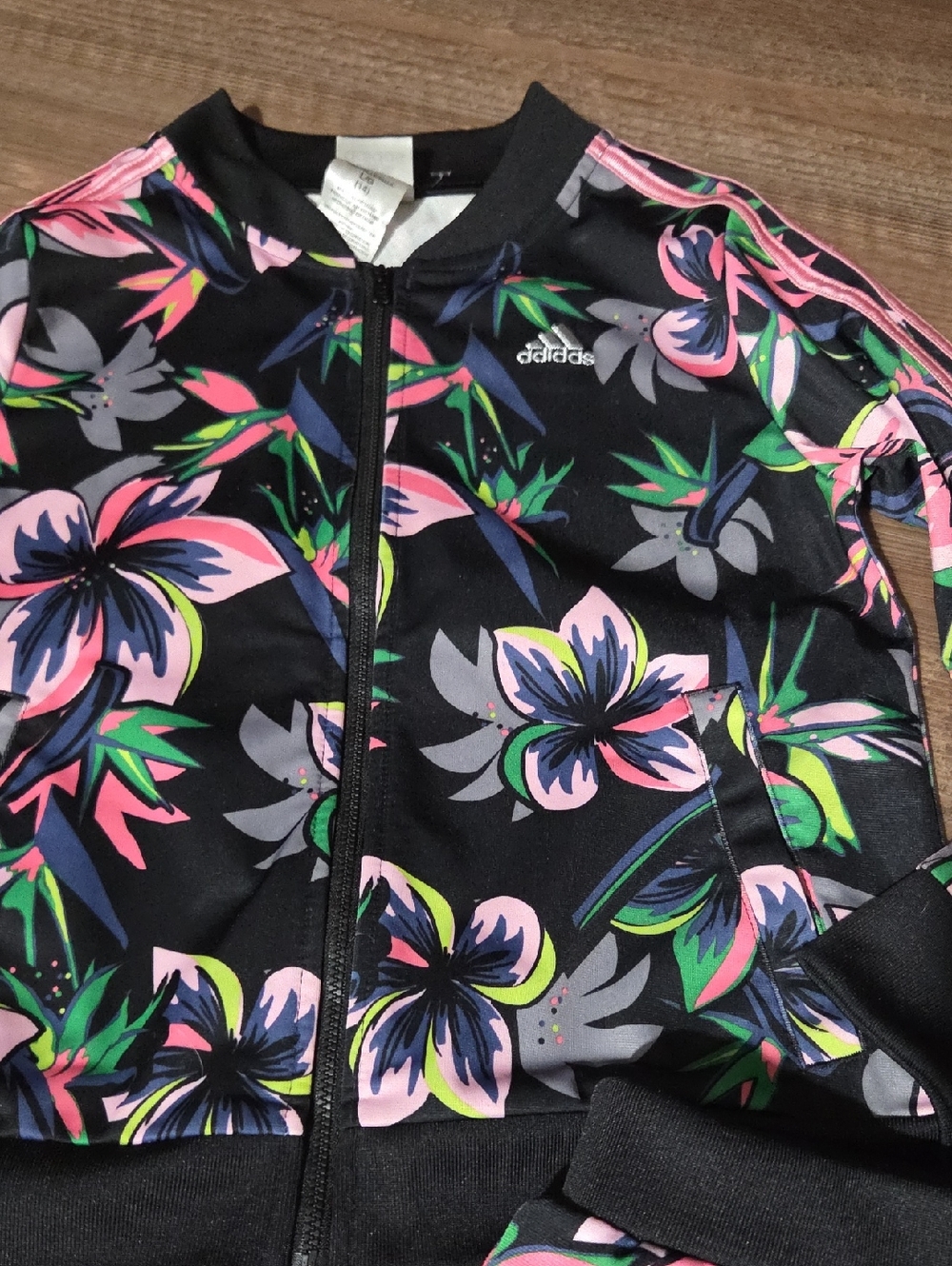 Adidas Floral Track Jacket and Pants Set - Black with Pink & Green Floral - Picture 3 of 5